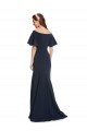 Off the Shoulder Crepe Evening Dress with Short Ruffle Sleeves.