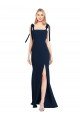 Flat Tie Shoulder Crepe Trumpet Evening Dress with Front Slit