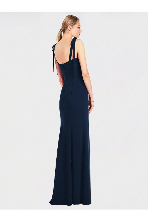 Flat Tie Shoulder Crepe Trumpet Evening Dress with Front Slit
