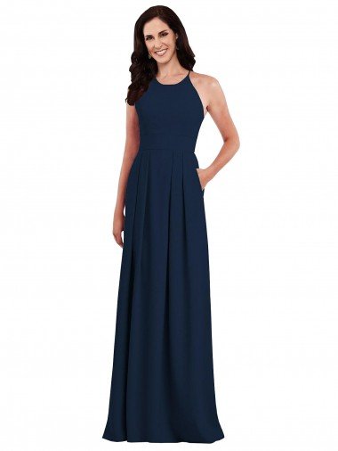 Criss Cross Back Crepe Halter Evening Dress with Pockets UK