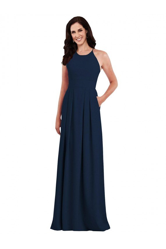 Criss Cross Back Crepe Halter Evening Dress with Pockets