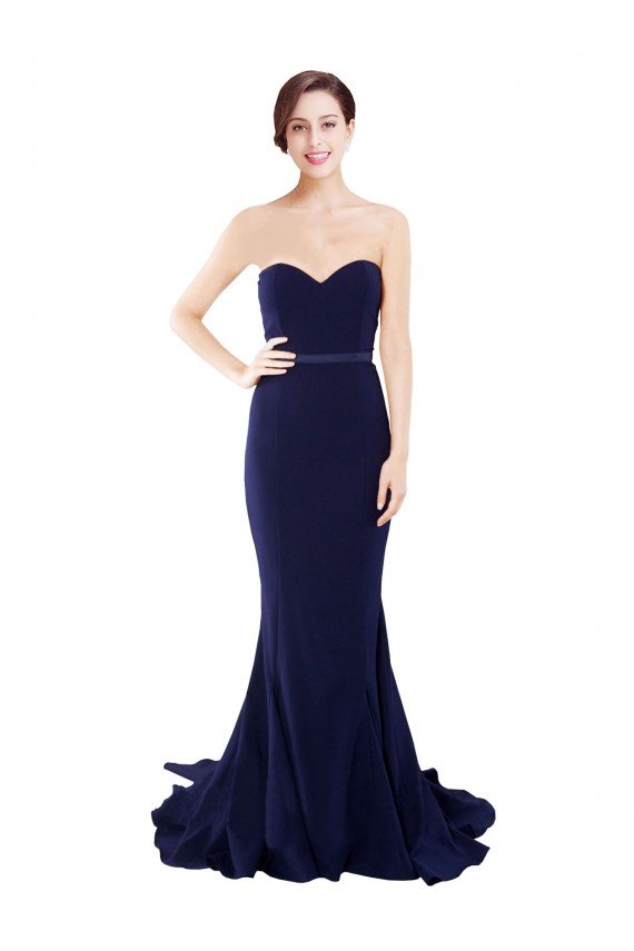 Strapless Sweetheart Neckline Crepe Evening Dress with Satin Waistband