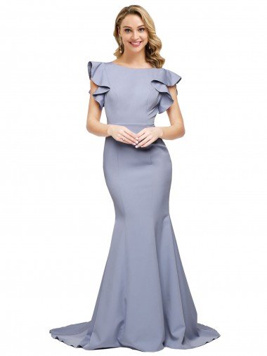 Flutter Sleeves Low V-Back High Round Neck Crepe Evening Dress UK