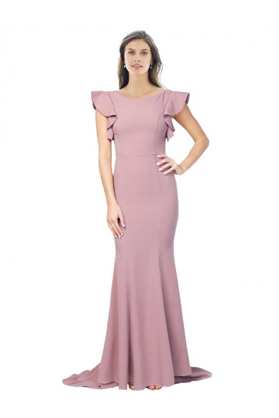 Flutter Sleeves Low V-Back High Round Neck Crepe Evening Dress