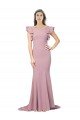 Flutter Sleeves Low V-Back High Round Neck Crepe Evening Dress