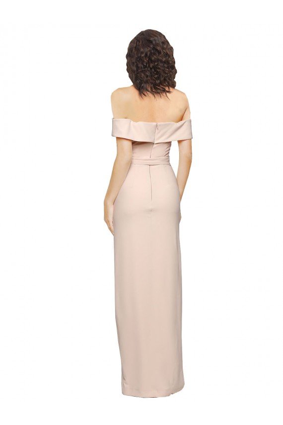 Off the Shoulder Long Crepe Evening Dress with Waist Tie and Slit