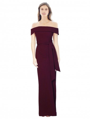 Off the Shoulder Long Crepe Evening Dress with Waist Tie UK