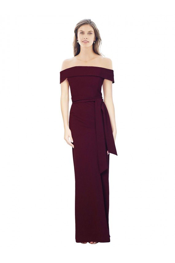 Off the Shoulder Long Crepe Evening Dress with Waist Tie
