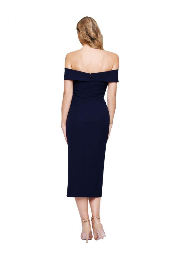 Midi Length Short Crepe Cocktail Evening Dress with Side Split