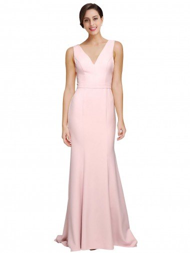 Long Sweep Train V-Neckline and Back Crepe Evening Dress with Shoulder Straps UK
