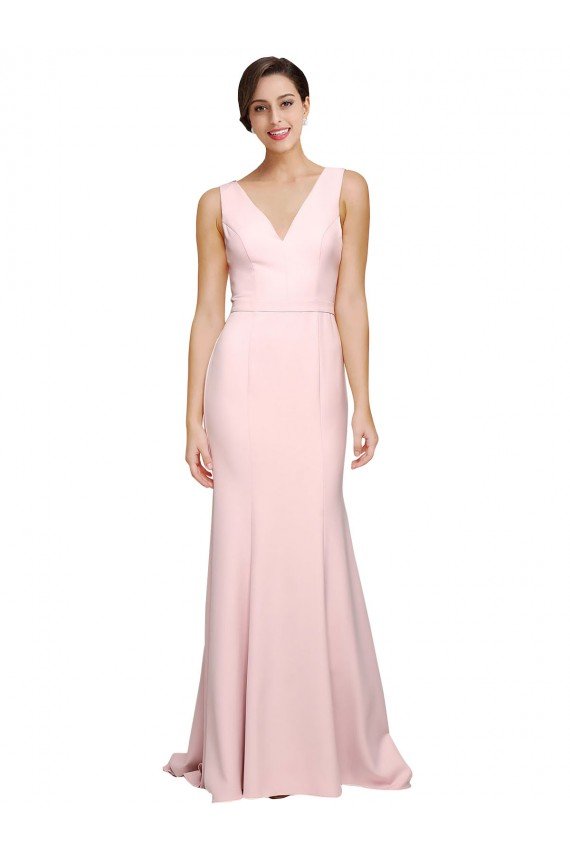 Long Sweep Train V-Neckline and Back Crepe Evening Dress with Shoulder Straps