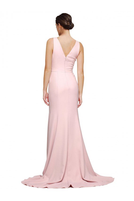 Long Sweep Train V-Neckline and Back Crepe Evening Dress with Shoulder Straps