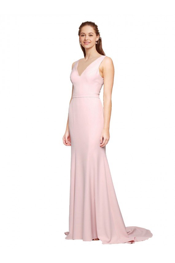 Deep V-Neckline and Back Long Sweep Train Crepe Evening Dress with Shoulder Straps