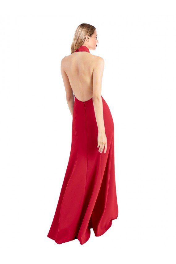Sleek Fit and Flare High Neck Halter Stretch Crepe Evening Dress with Open Back
