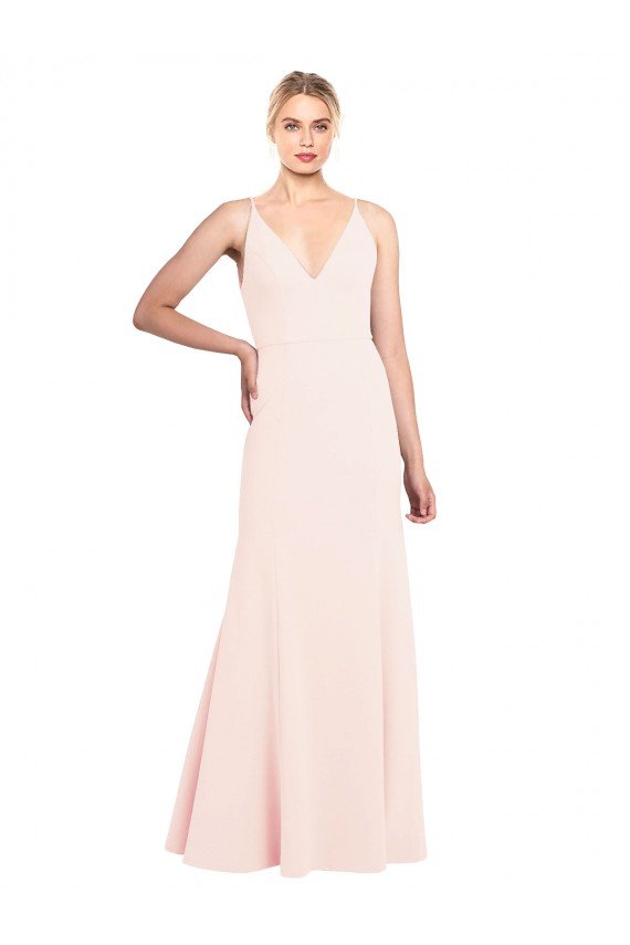Slim A-Line V-Neck Long Stretch Crepe Evening Dress with V-Back