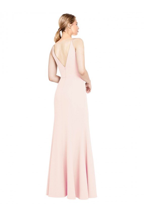 Slim A-Line V-Neck Long Stretch Crepe Evening Dress with V-Back