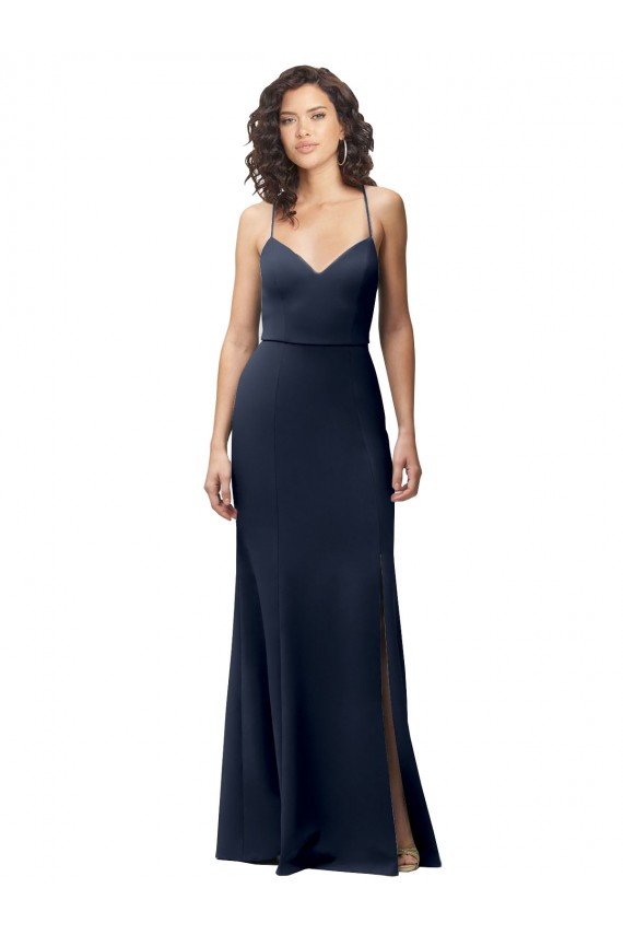 Sweetheart Fit and Flare Stretch Crepe Evening Dress with Side Slit and Strappy Back