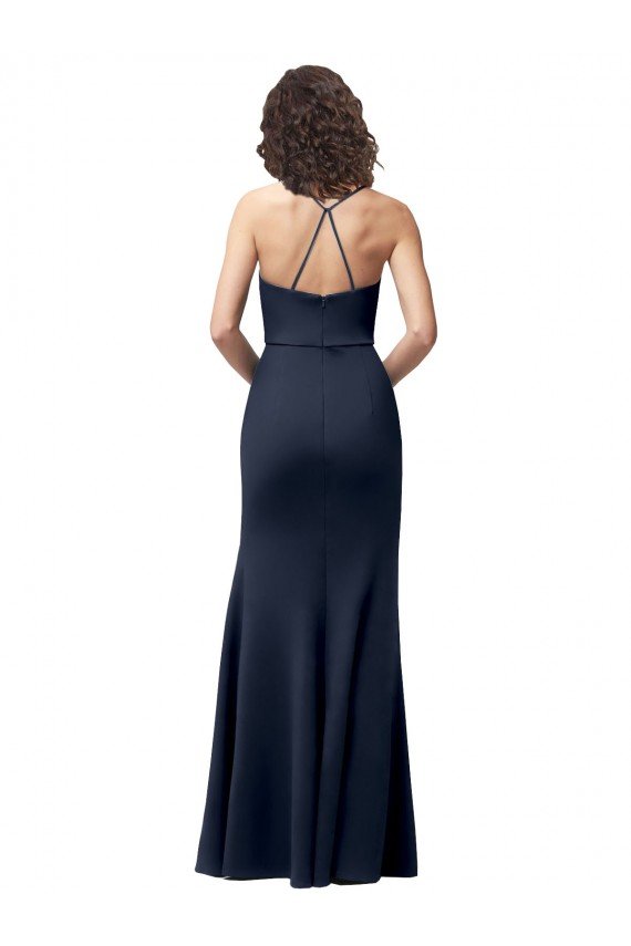 Sweetheart Fit and Flare Stretch Crepe Evening Dress with Side Slit and Strappy Back