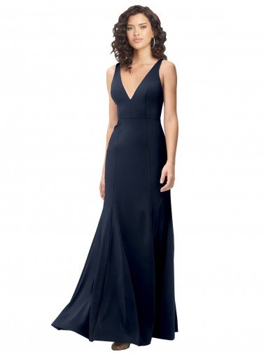 Classic V-Neck Long Stretch Crepe Evening Dress with V-Back UK