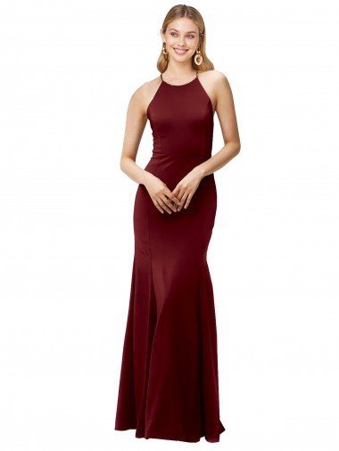 Fit and Flare Halter Neckline Stretch Crepe Evening Dress with Strappy Back UK