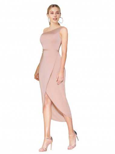Knee Length One Shoulder Crepe Short Wrap Cocktail Evening Dress UK