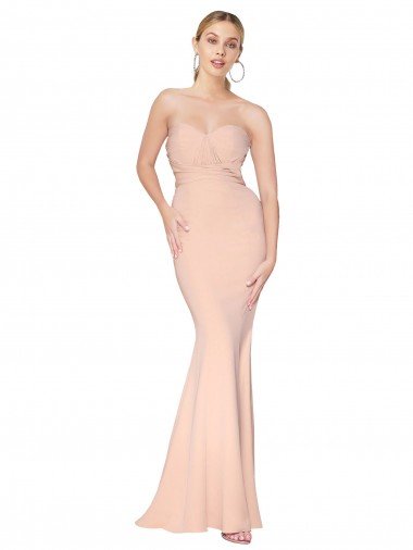 Sweetheart Shirred Neck Long Floor Length Crepe Evening Dress UK