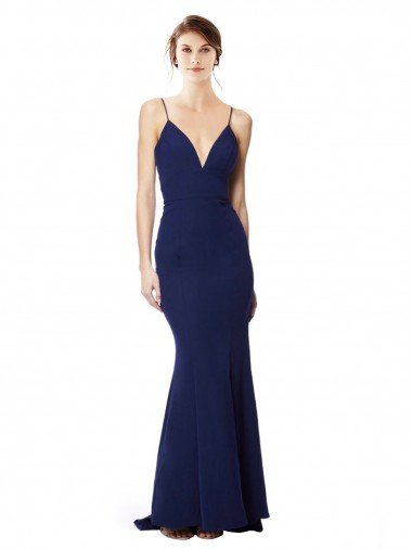 Deep V-Neck Spaghetti Straps Mermaid Crepe Evening Dress UK