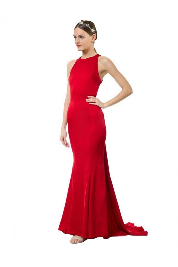 High Neck Mermaid Open Back Crepe Evening Maxi Dress with Train Detail