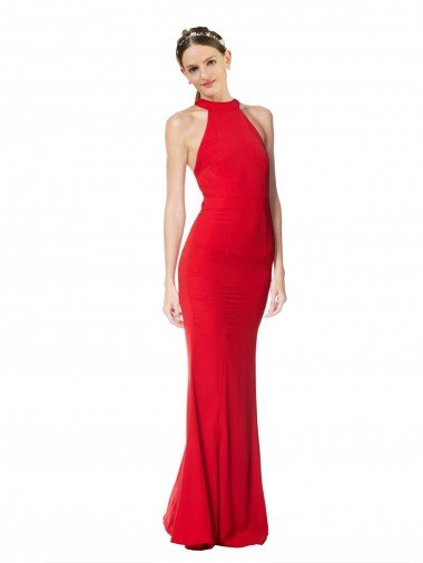 Halter Neck Keyhole Back Sleeveless Crepe Evening Maxi Dress UK