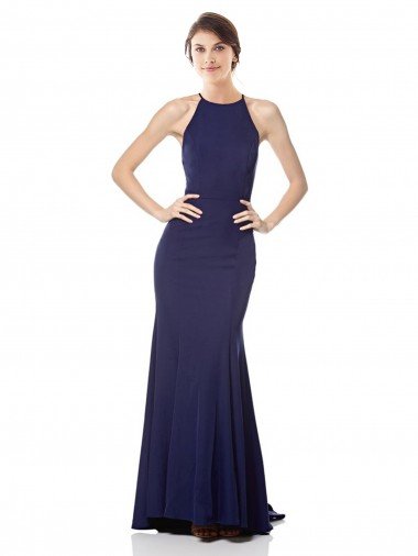 High Neck Fishtail Crepe Evening Dress with Open Back Detail UK
