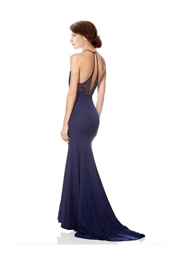 High Neck Fishtail Crepe Evening Dress with Open Back Detail