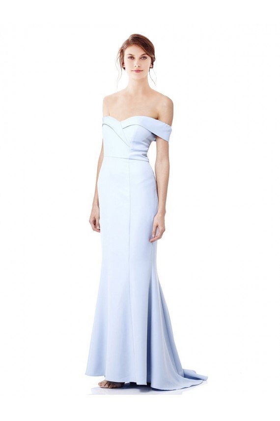 High Neck Long Off the Shoulder Crepe Evening Maxi Dress with Train