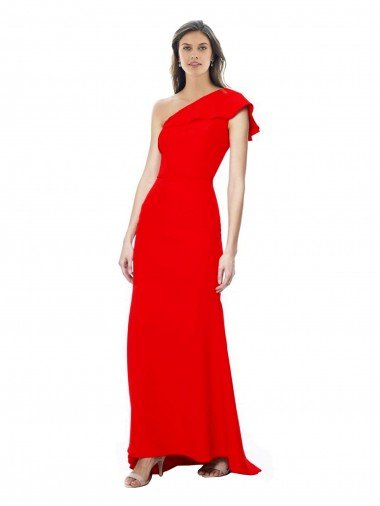 High Neck Ruffle Frill One Shoulder Maxi Crepe Evening Dress UK