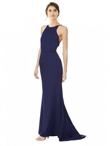 Fishtail High Neck Maxi Crepe Bridesmiad Dress with Strappy Back Detail UK