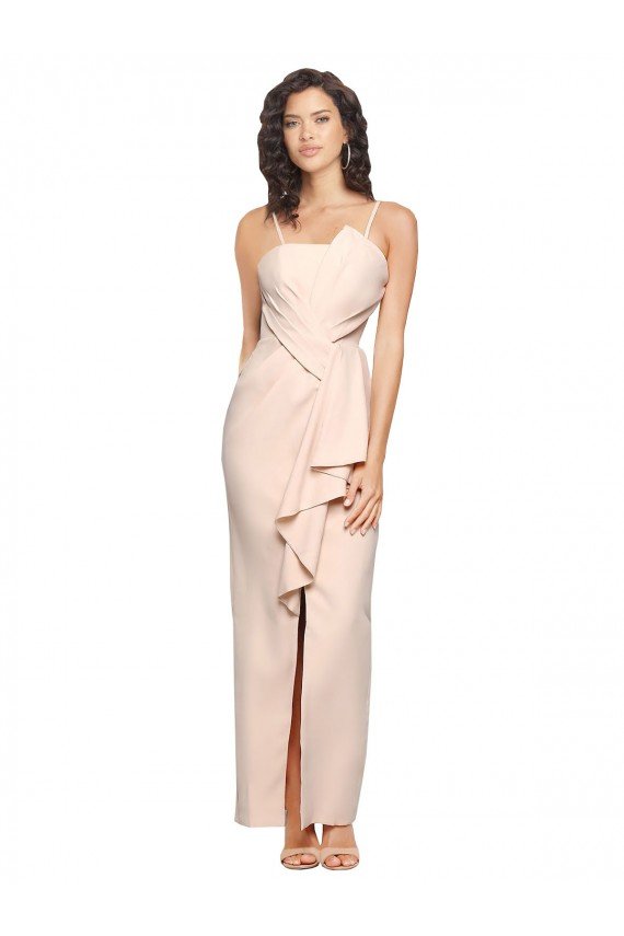 Long Full Length Ruffles Strapless Low Back Crepe Evening Dress with Straps