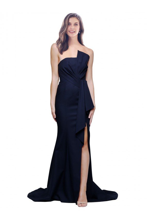 Long Strapless Sweep Train Low Back Crepe Evening Dress