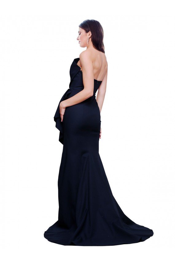 Long Strapless Sweep Train Low Back Crepe Evening Dress