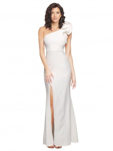 One Shoulder Long Full Length Crepe Evening Dress with Ruffles and Side Split UK