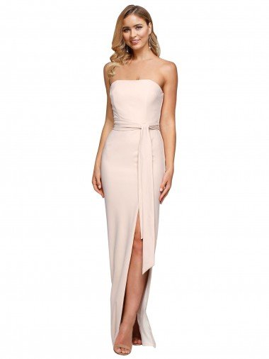Full Length Low Back Strapless Crepe Evening Dress with Thigh High Side Split UK
