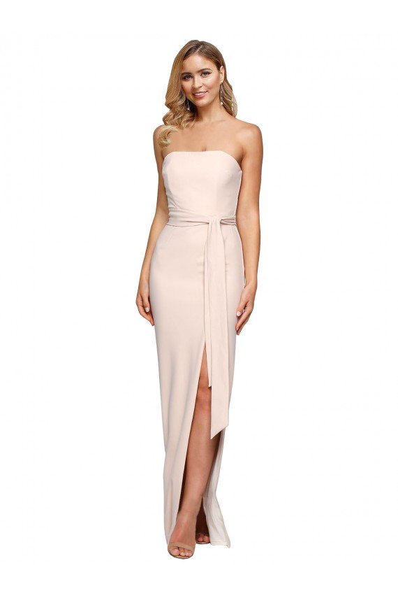 Full Length Low Back Strapless Crepe Evening Dress with Thigh High Side Split
