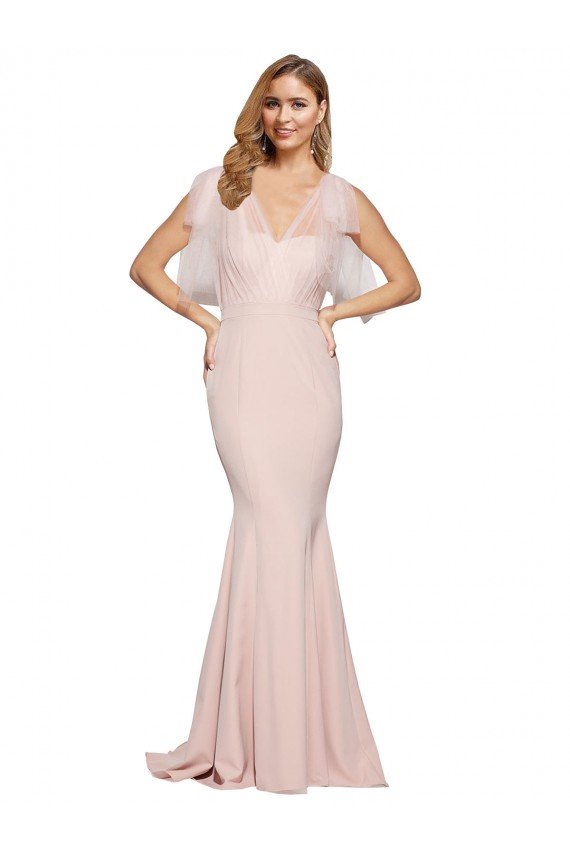 Double Bow Full Length Sweetheart Crepe Evening Dress with Tulle Overlay