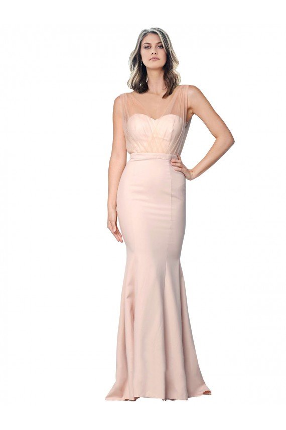 Full Length Sweetheart Crepe Evening Dress with Tulle Overlay