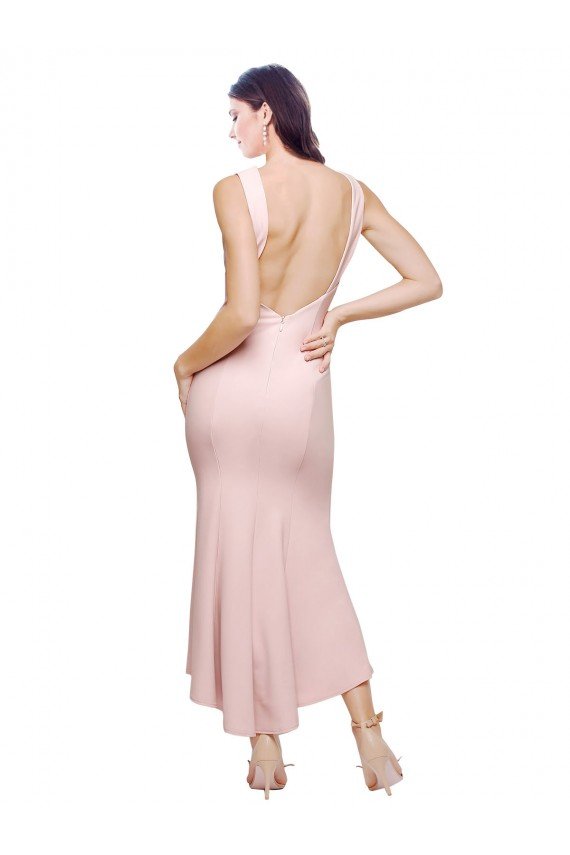 High Neck Low V-Back Midi Length Crepe Cocktail Evening Dress