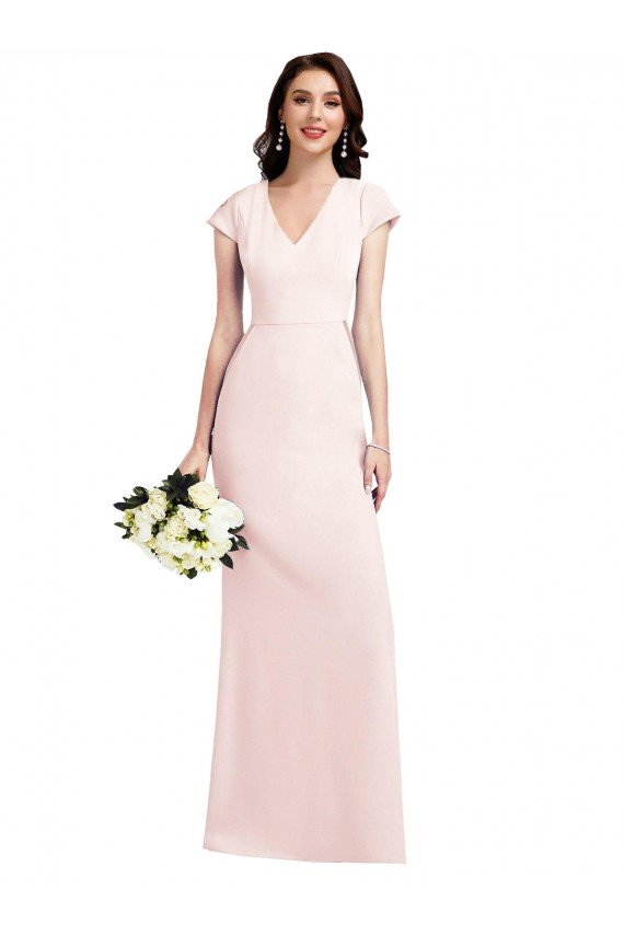 Cap Sleeve A-Line Crepe Evening Dress with Pockets