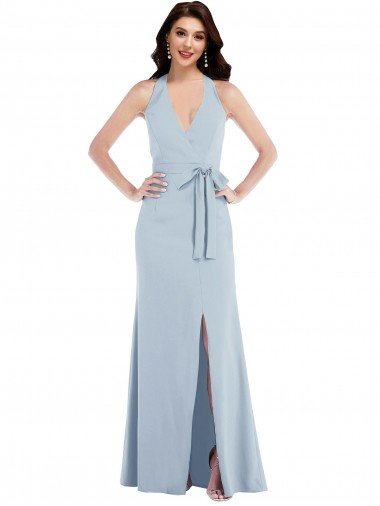 Open Back Halter Maxi Crepe Evening Dress with Draped Bow UK