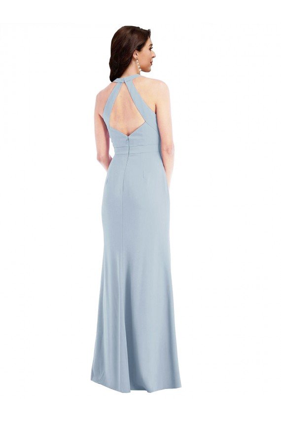 Open Back Halter Maxi Crepe Evening Dress with Draped Bow