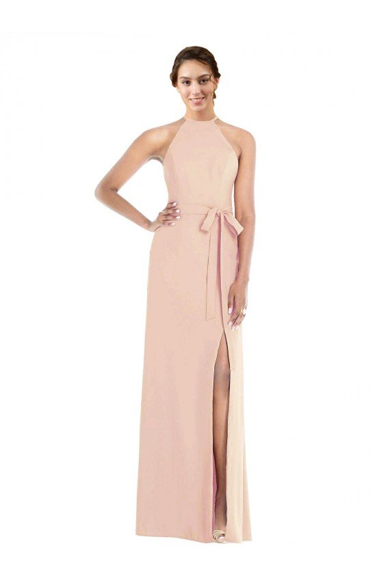 Halter Criss Cross Cutout Back Maxi Crepe Evening Dress