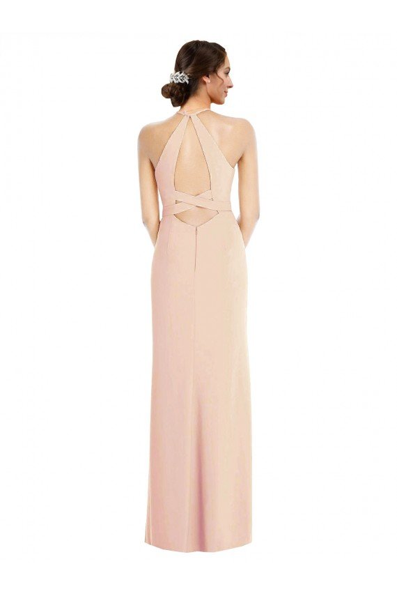 Halter Criss Cross Cutout Back Maxi Crepe Evening Dress