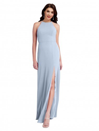 Fit and Flare High Neck Crepe Evening Dress with Side Slit UK