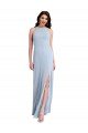 Fit and Flare High Neck Crepe Evening Dress with Side Slit